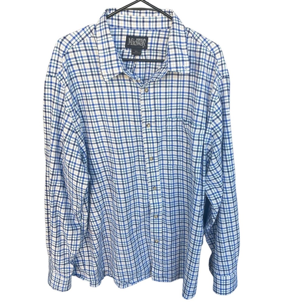 Midway USA Flannel Shirt Mens 2X XXL Blue‎ White Button Up Long Sleeve